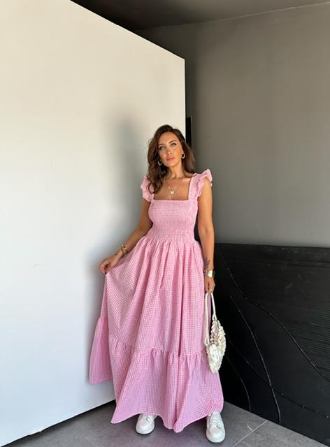 Pembe Piti Kareli Maxi Elbise
