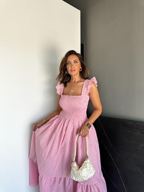 Pembe Piti Kareli Maxi Elbise