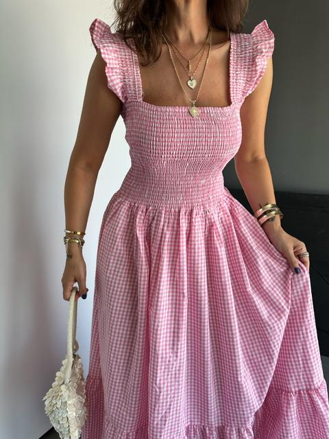 Pembe Piti Kareli Maxi Elbise