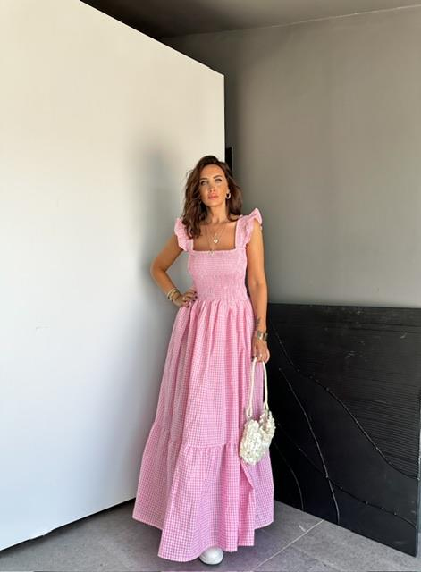 Pembe Piti Kareli Maxi Elbise