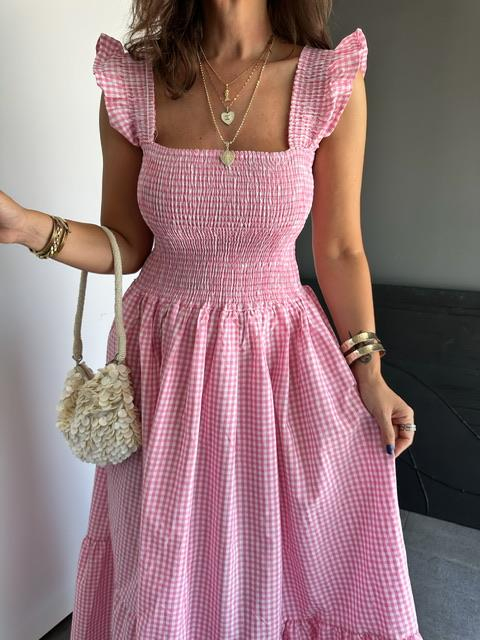 Pembe Piti Kareli Maxi Elbise