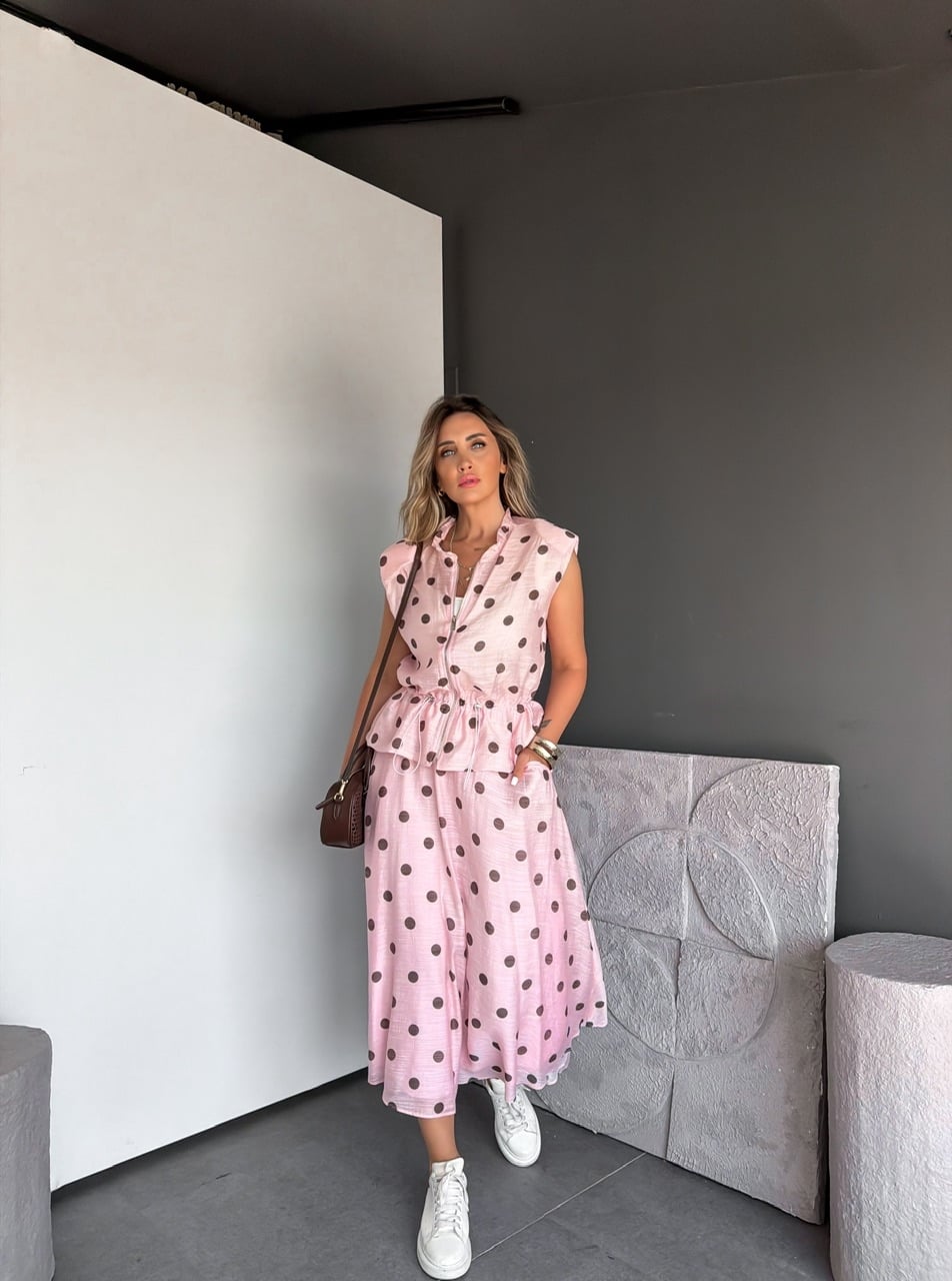 Pembe Puantiyeli Büzülebilir Ceketli Takım
