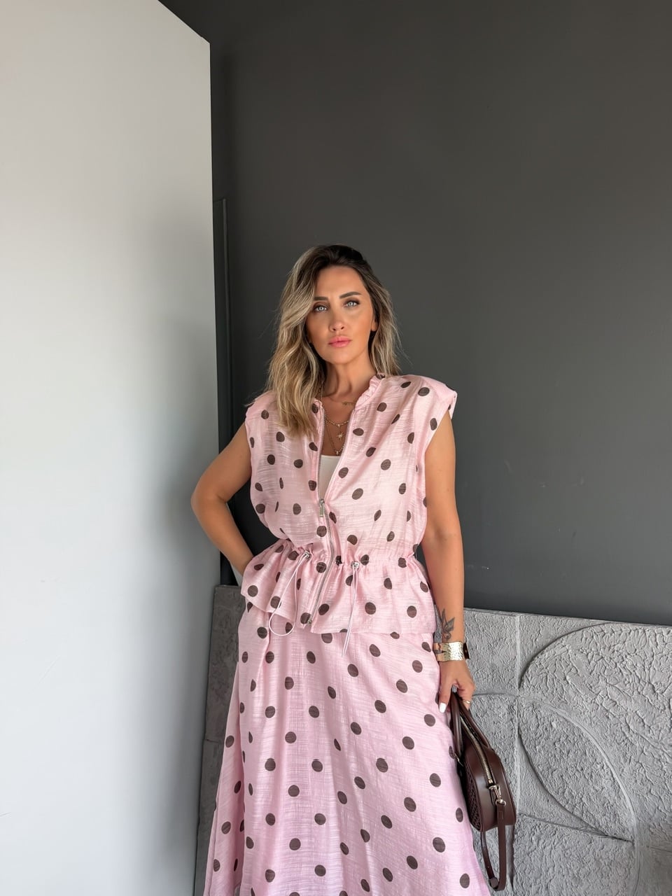 Pembe Puantiyeli Büzülebilir Ceketli Takım