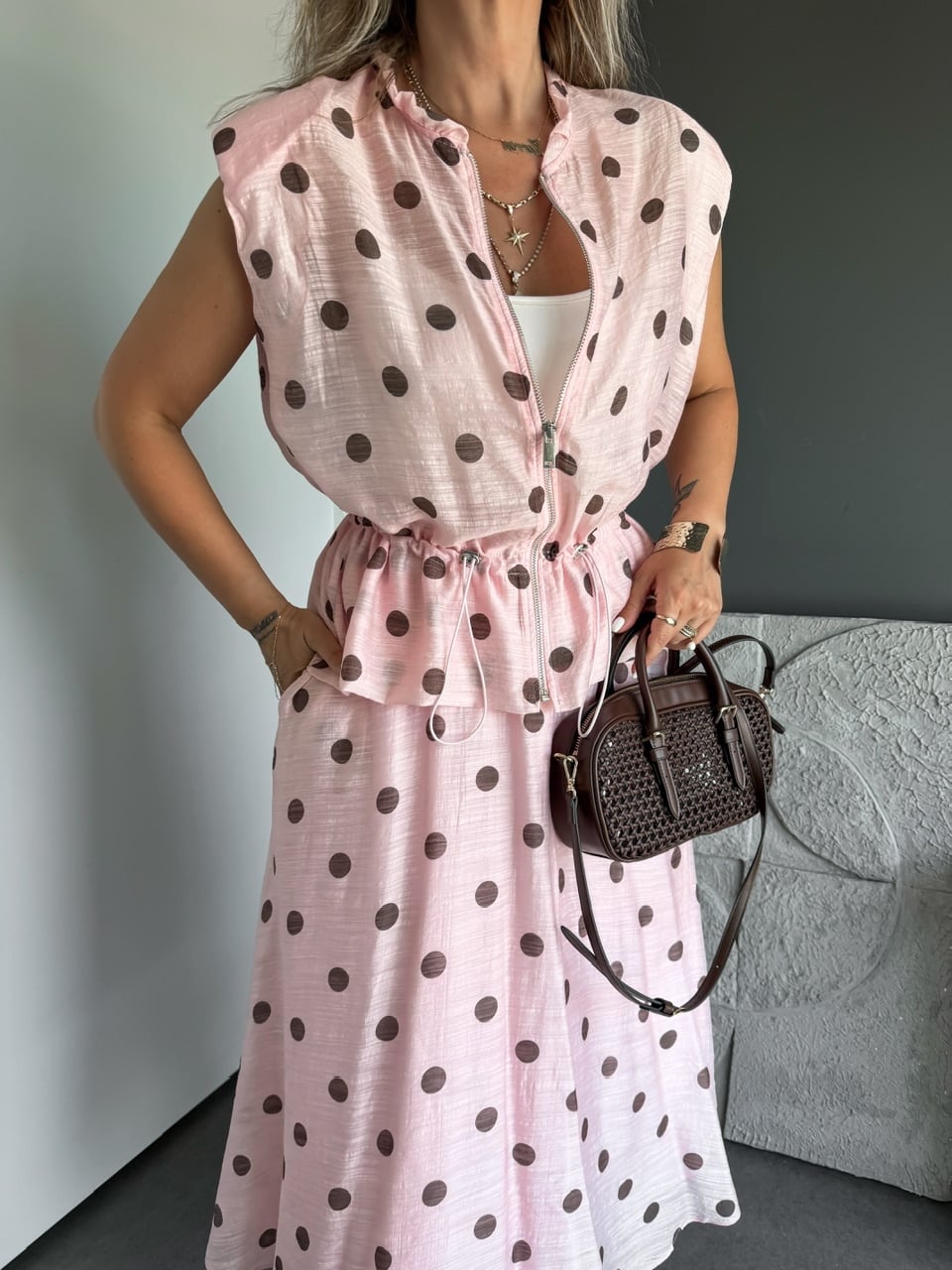 Pembe Puantiyeli Büzülebilir Ceketli Takım
