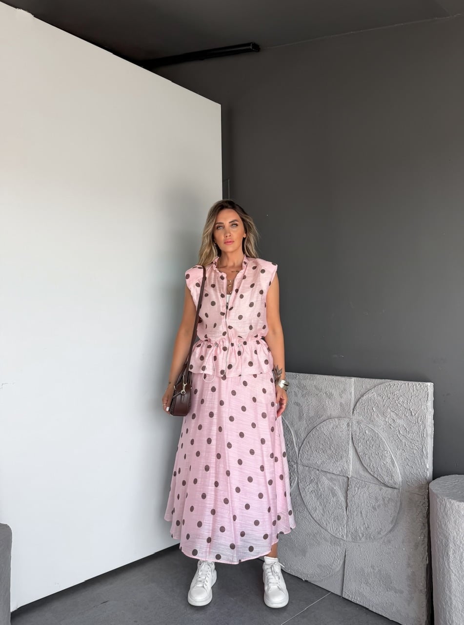 Pembe Puantiyeli Büzülebilir Ceketli Takım