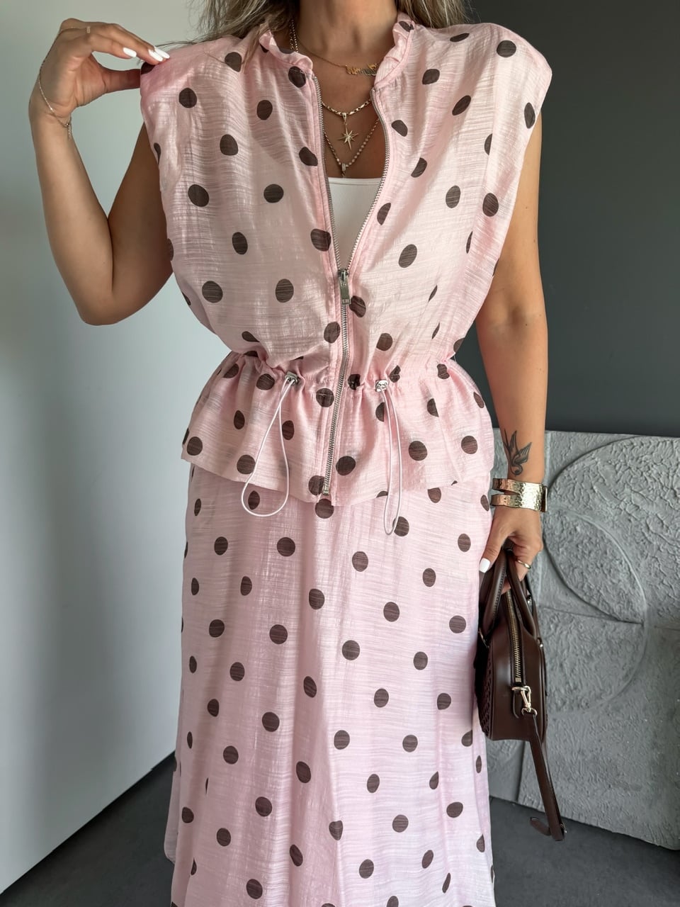 Pembe Puantiyeli Büzülebilir Ceketli Takım