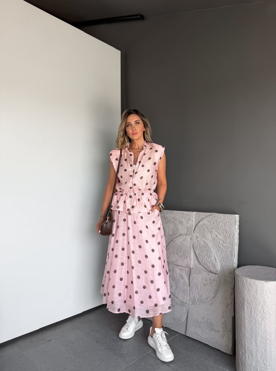Pembe Puantiyeli Büzülebilir Ceketli Takım