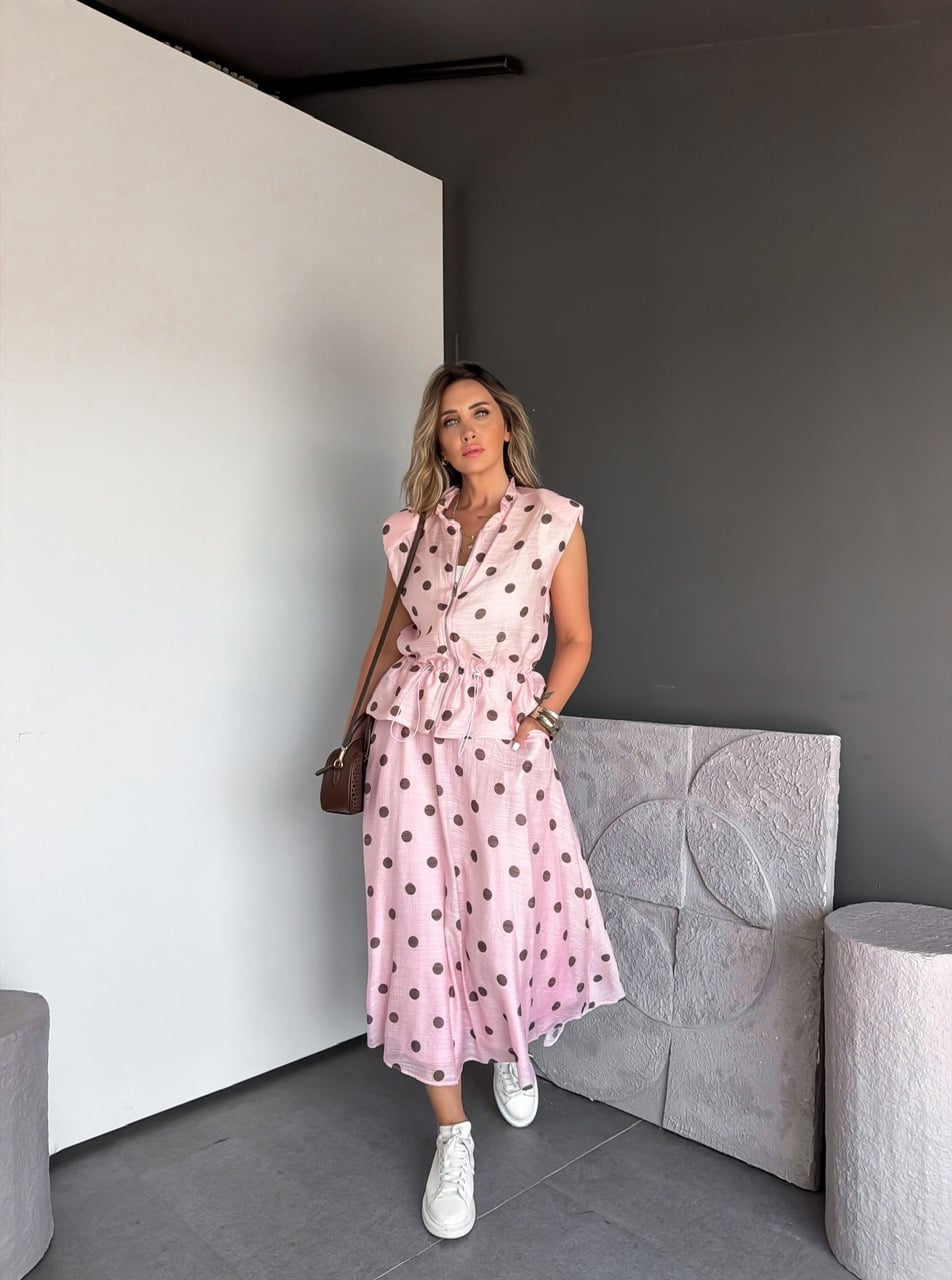 Pembe Puantiyeli Büzülebilir Ceketli Takım