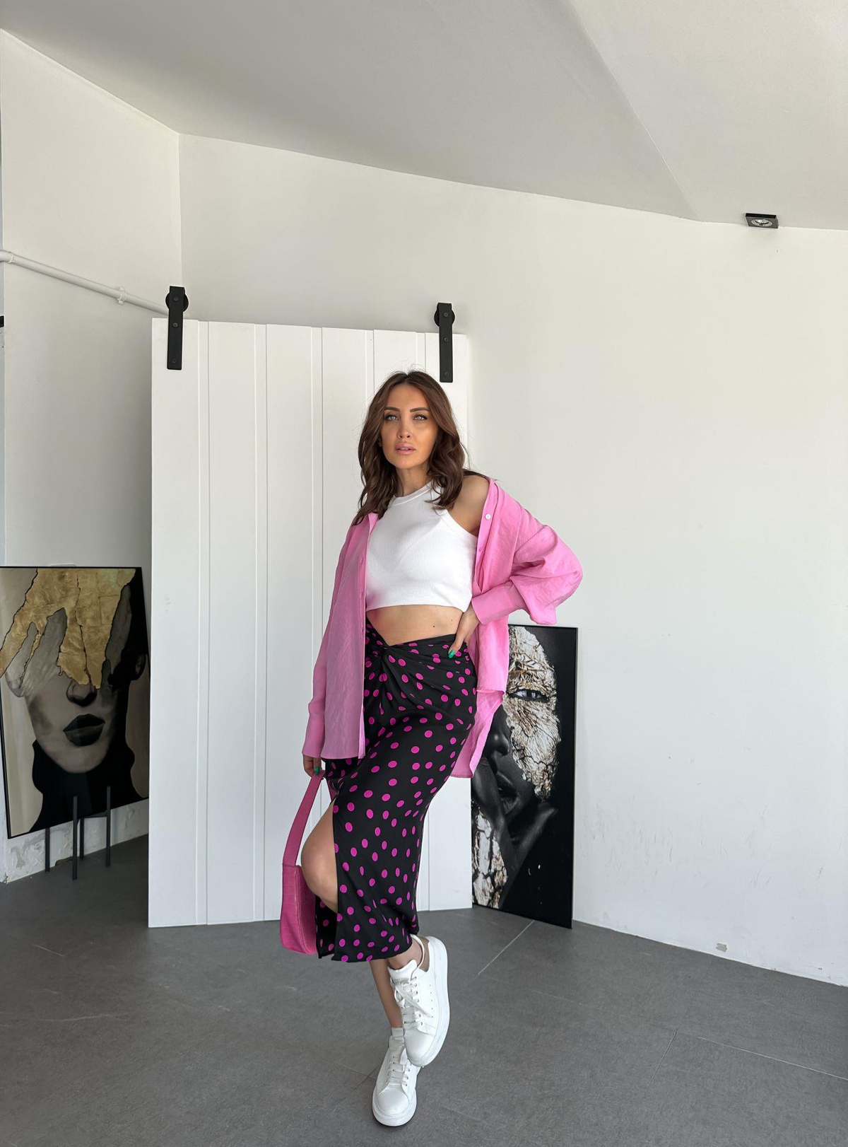 Pembe Puantiyeli Kruvaze Etek