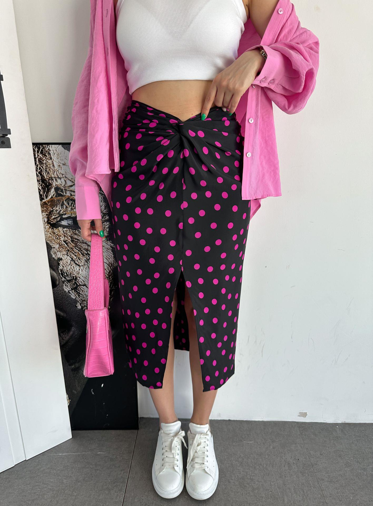 Pembe Puantiyeli Kruvaze Etek