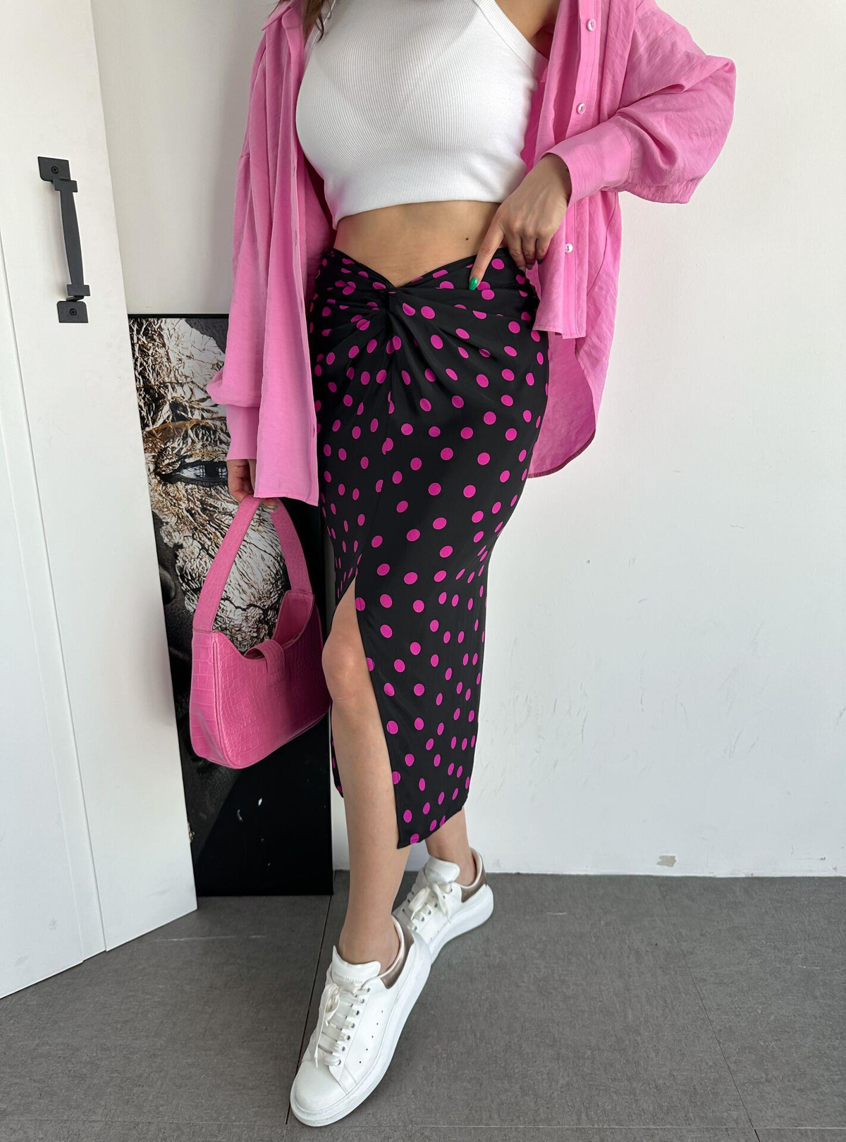 Pembe Puantiyeli Kruvaze Etek