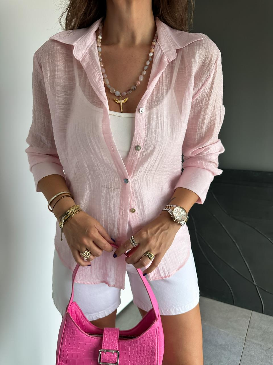 Pembe  Sedef Düğmeli Transparan Gömlek