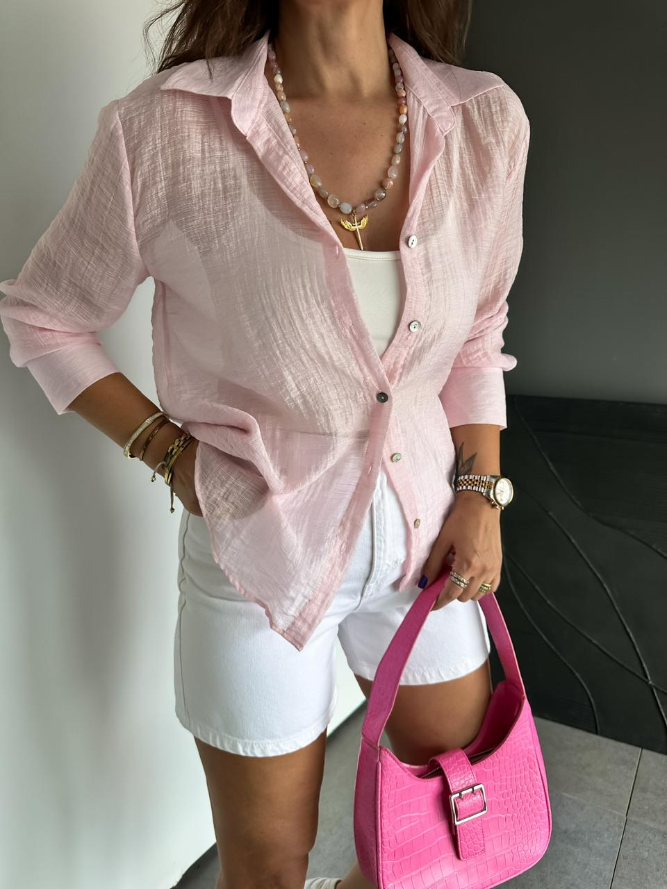 Pembe  Sedef Düğmeli Transparan Gömlek