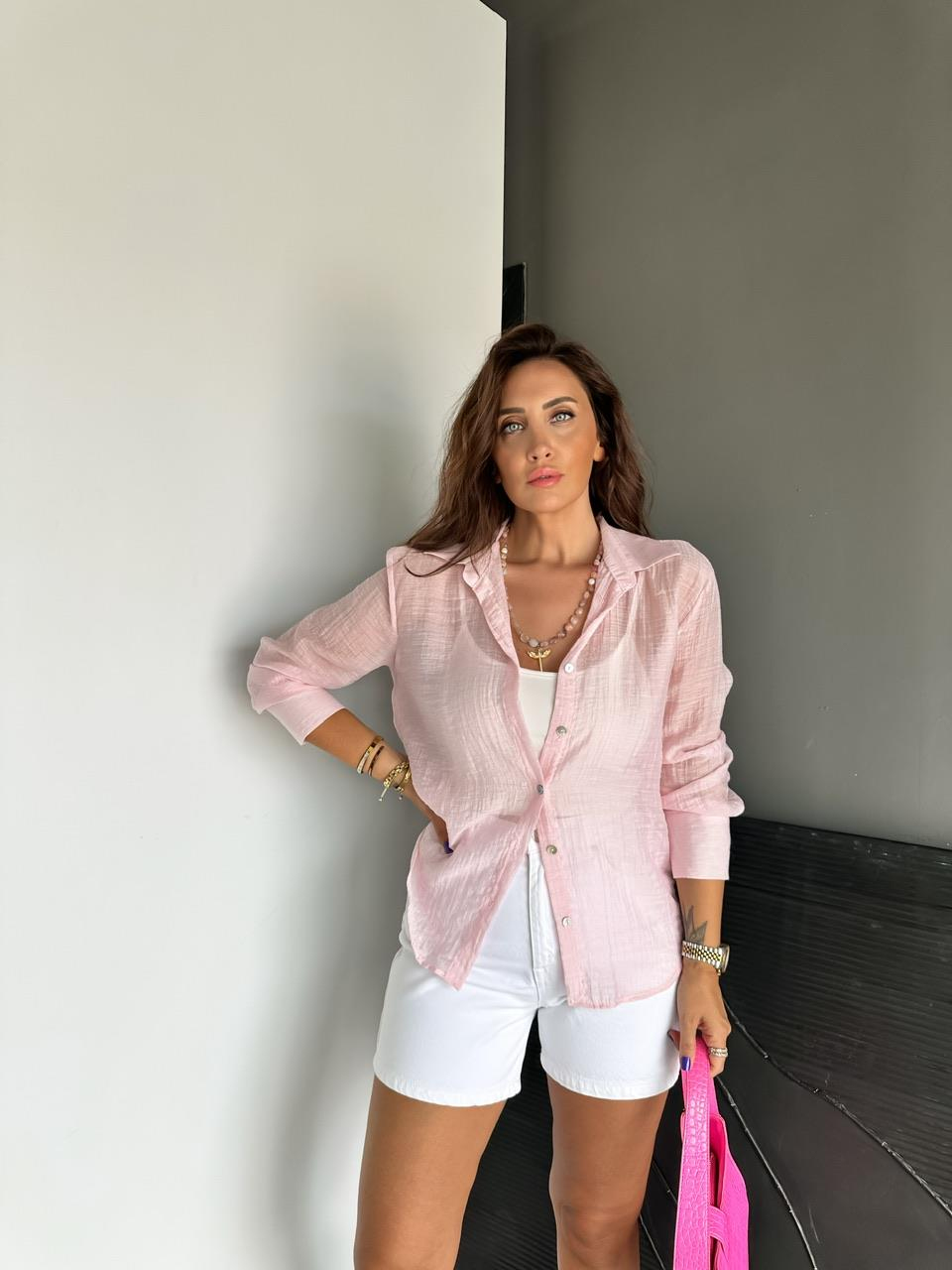Pembe  Sedef Düğmeli Transparan Gömlek