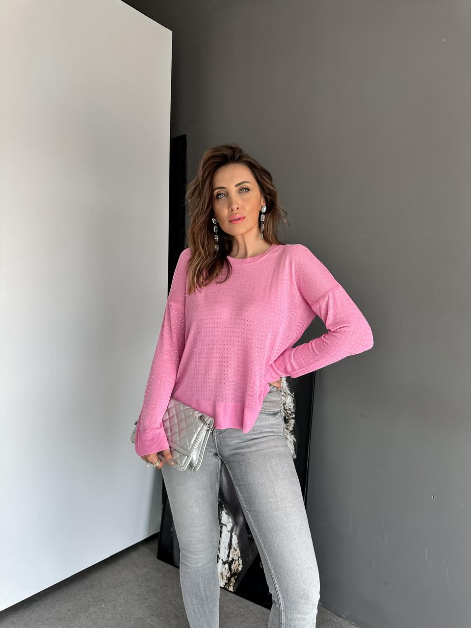 Pembe Serpme Taşlı İnci Triko 
