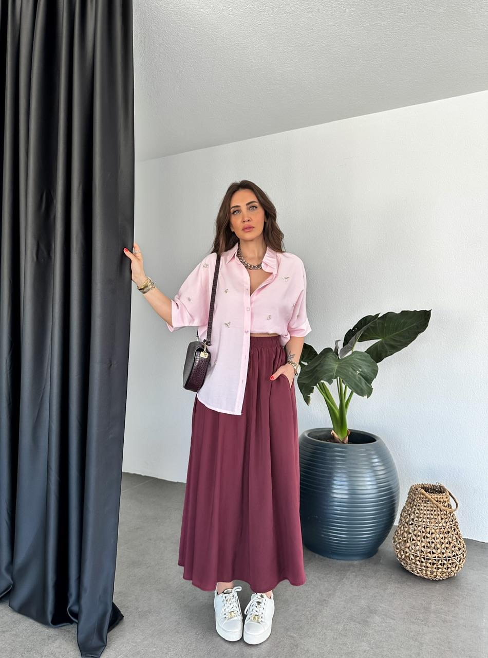 Pembe Serpme Taşlı Model Gömlek