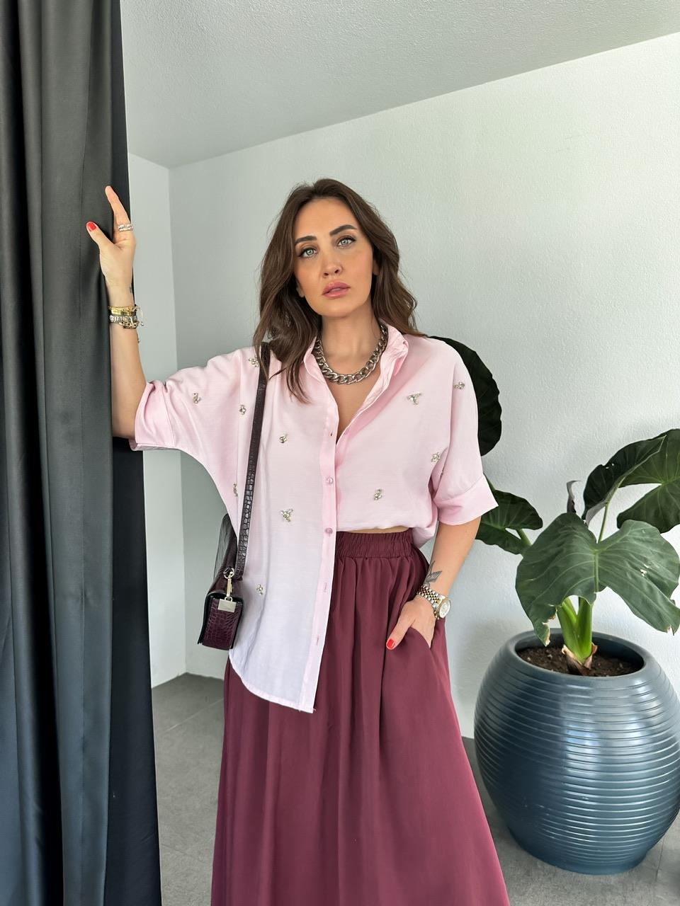 Pembe Serpme Taşlı Model Gömlek
