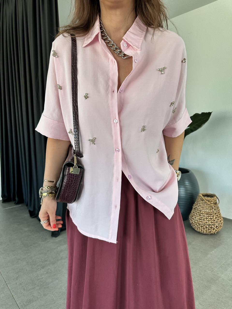Pembe Serpme Taşlı Model Gömlek