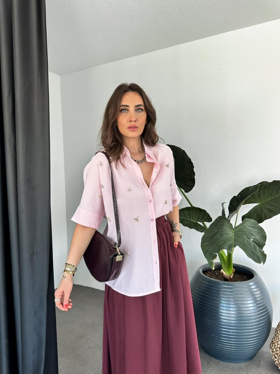 Pembe Serpme Taşlı Model Gömlek