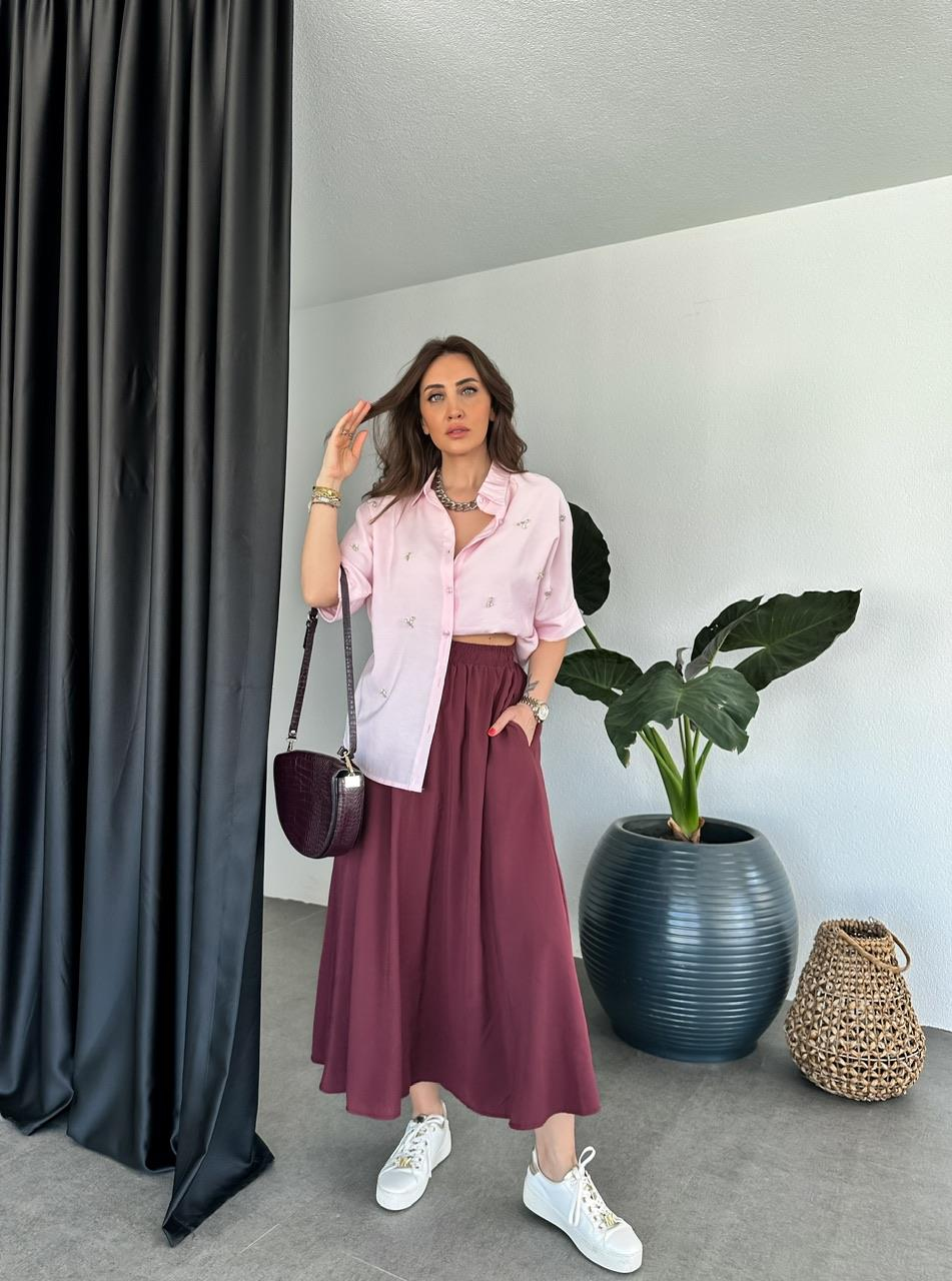 Pembe Serpme Taşlı Model Gömlek