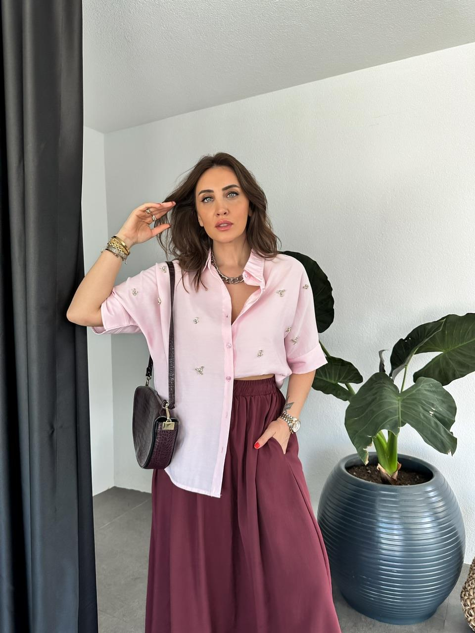Pembe Serpme Taşlı Model Gömlek