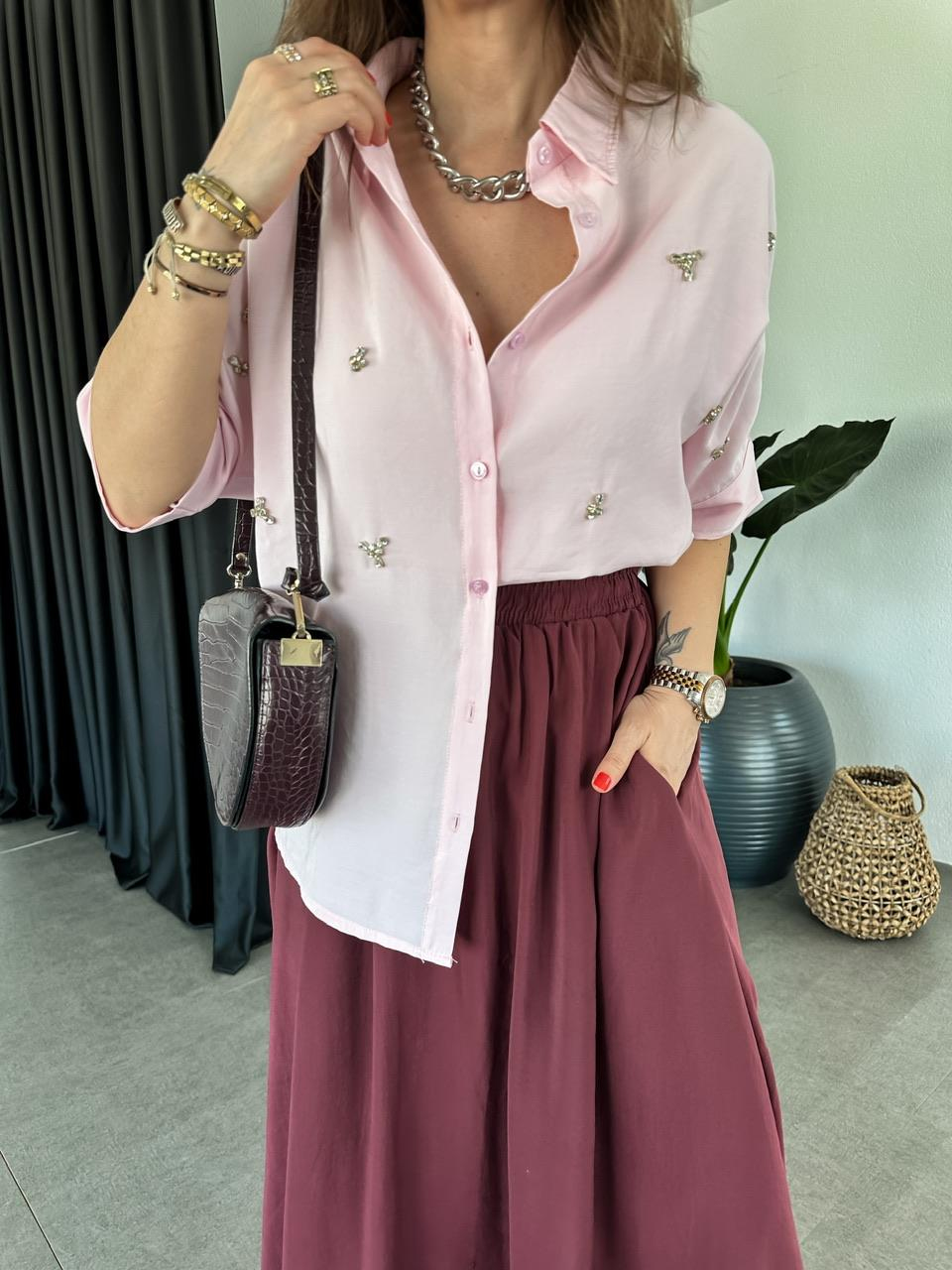 Pembe Serpme Taşlı Model Gömlek