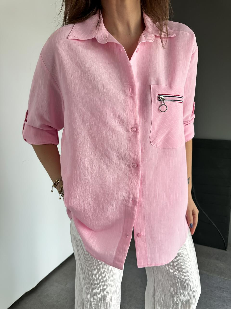 Pembe Sırtı Fermuarlı Çizgili Gömlek