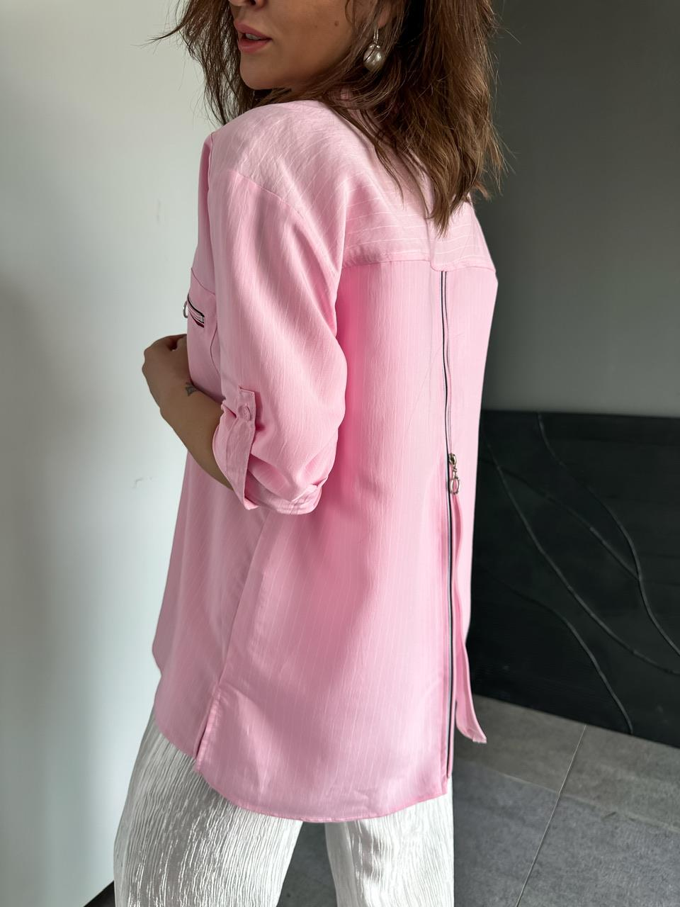 Pembe Sırtı Fermuarlı Çizgili Gömlek
