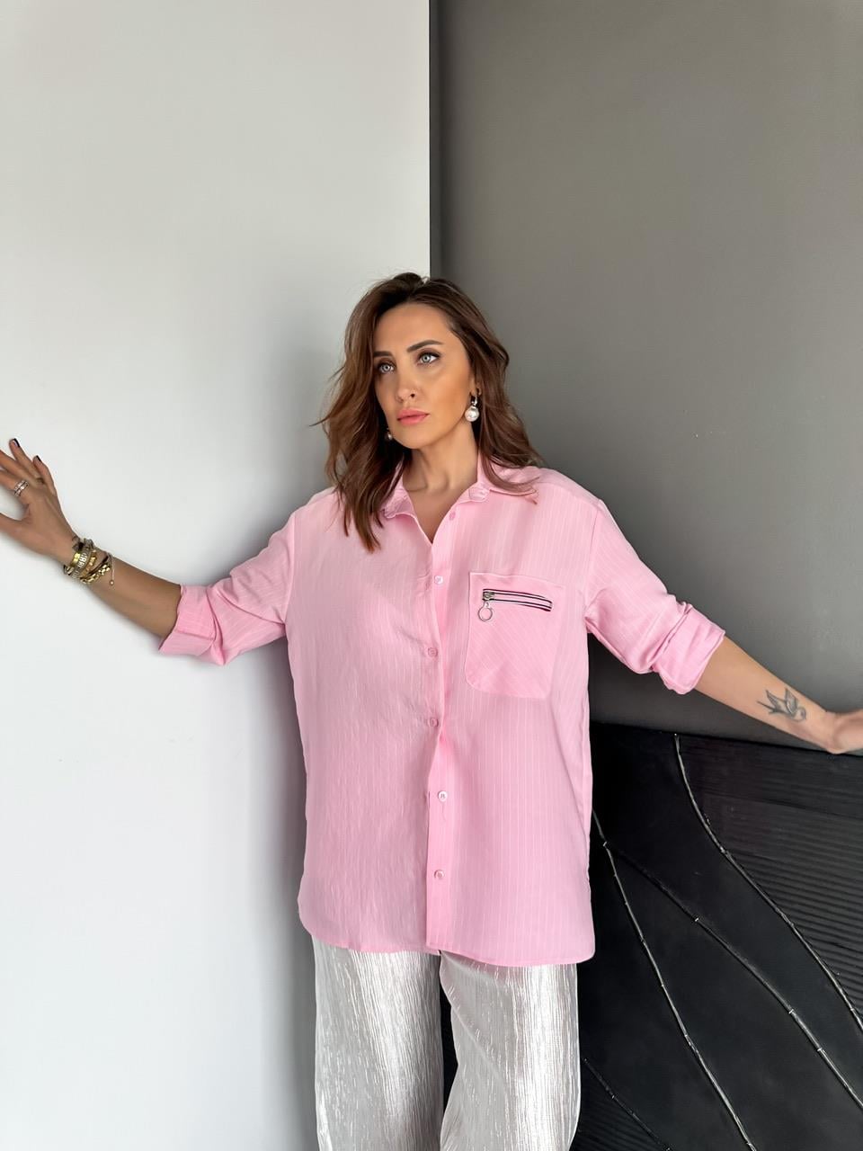 Pembe Sırtı Fermuarlı Çizgili Gömlek