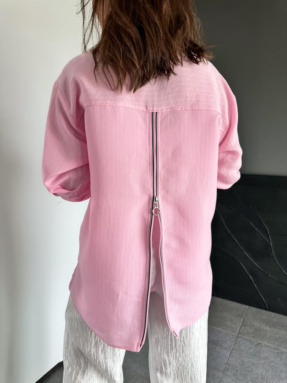 Pembe Sırtı Fermuarlı Çizgili Gömlek