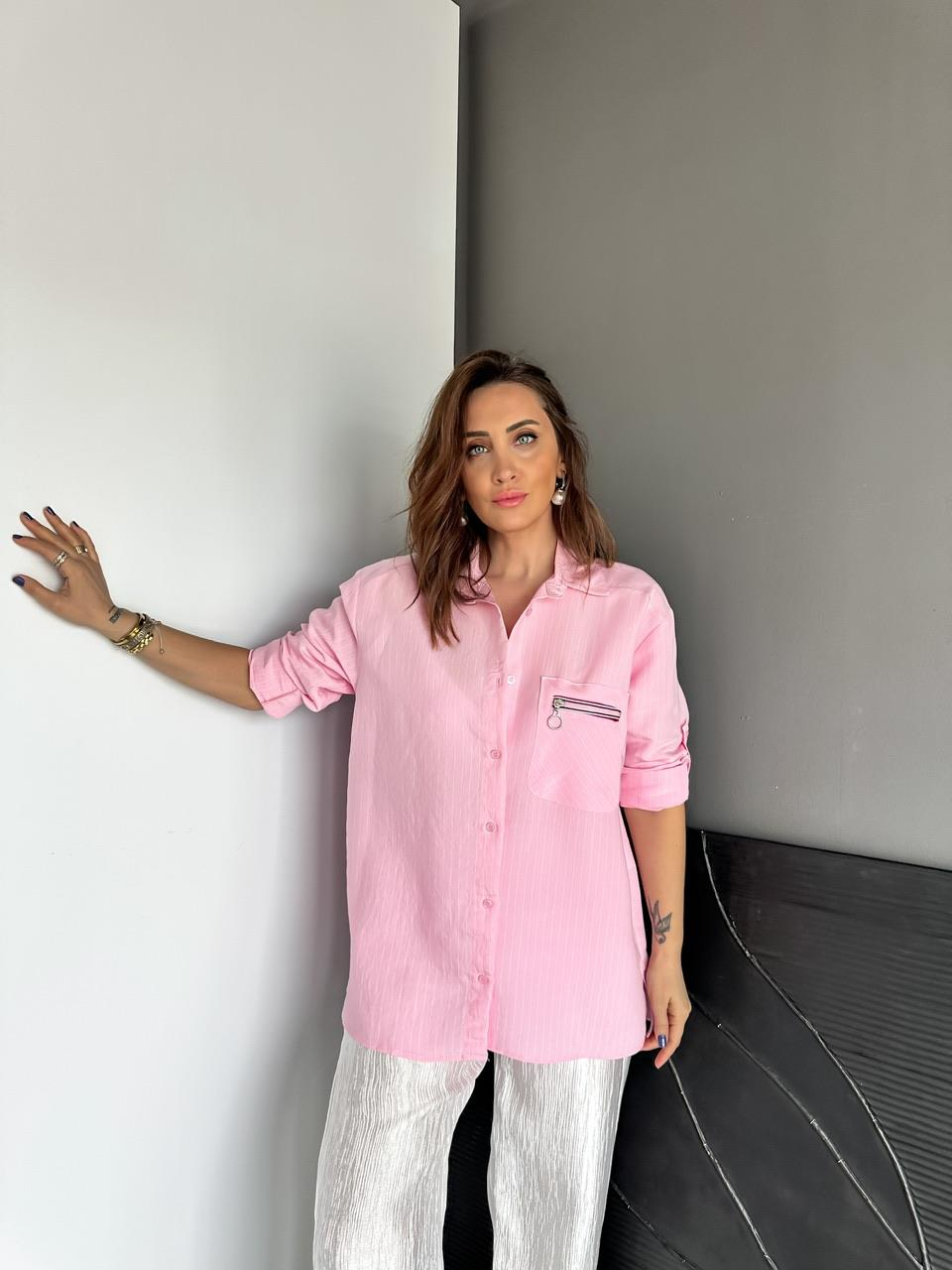 Pembe Sırtı Fermuarlı Çizgili Gömlek