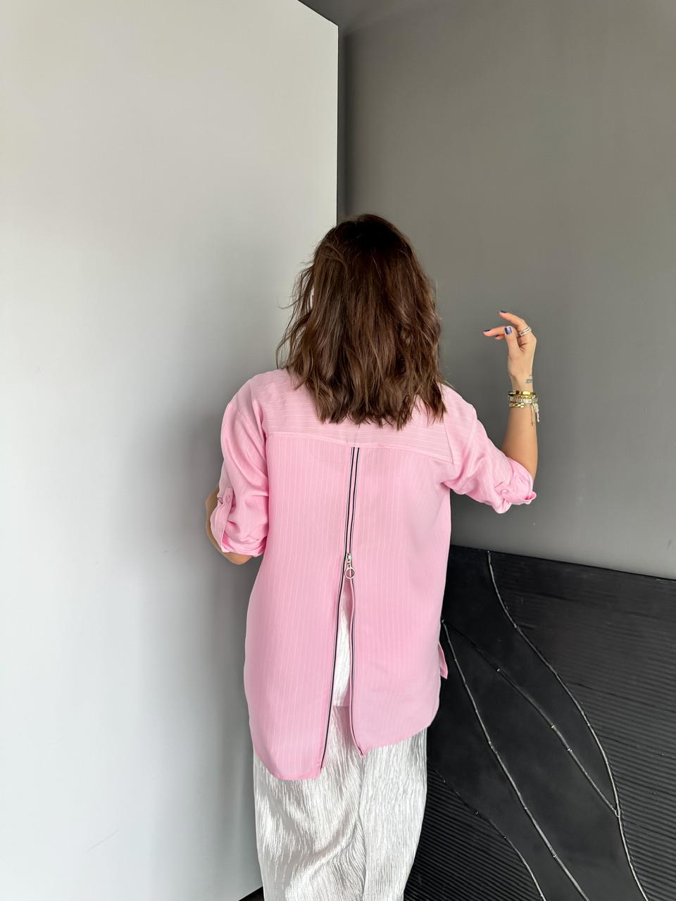 Pembe Sırtı Fermuarlı Çizgili Gömlek