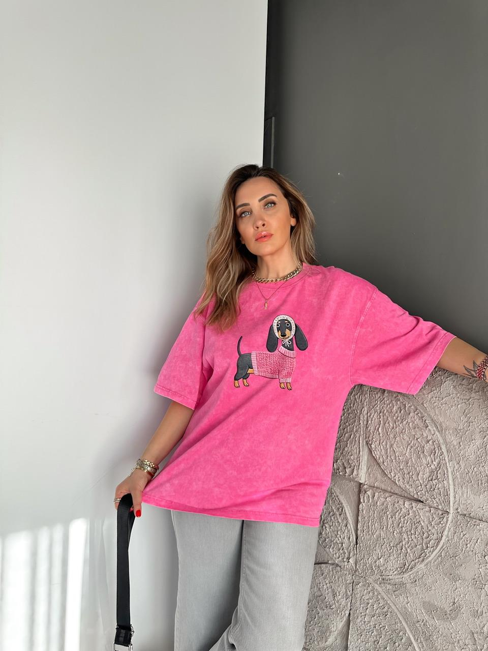 Pembe Sosis Köpek Yıkamalı Tshirt