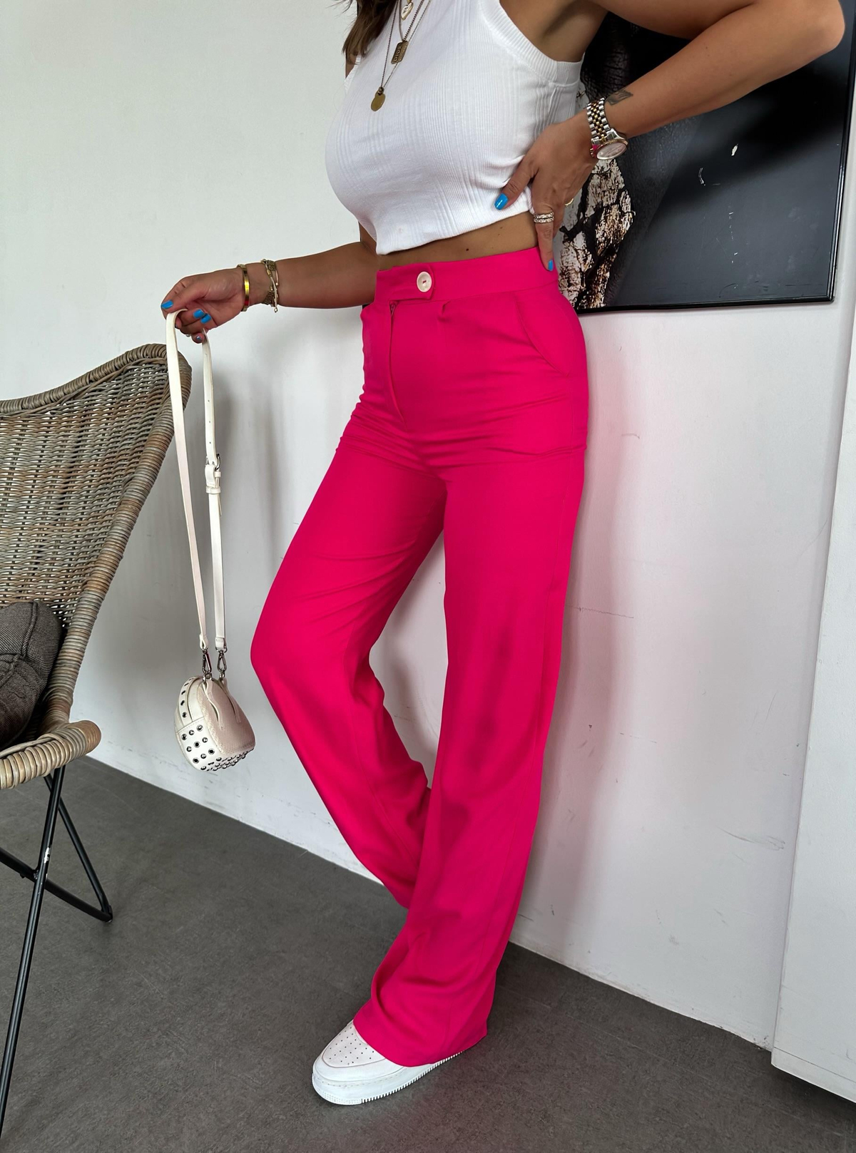 Pembe Tek Düğmeli Bol Pantolon