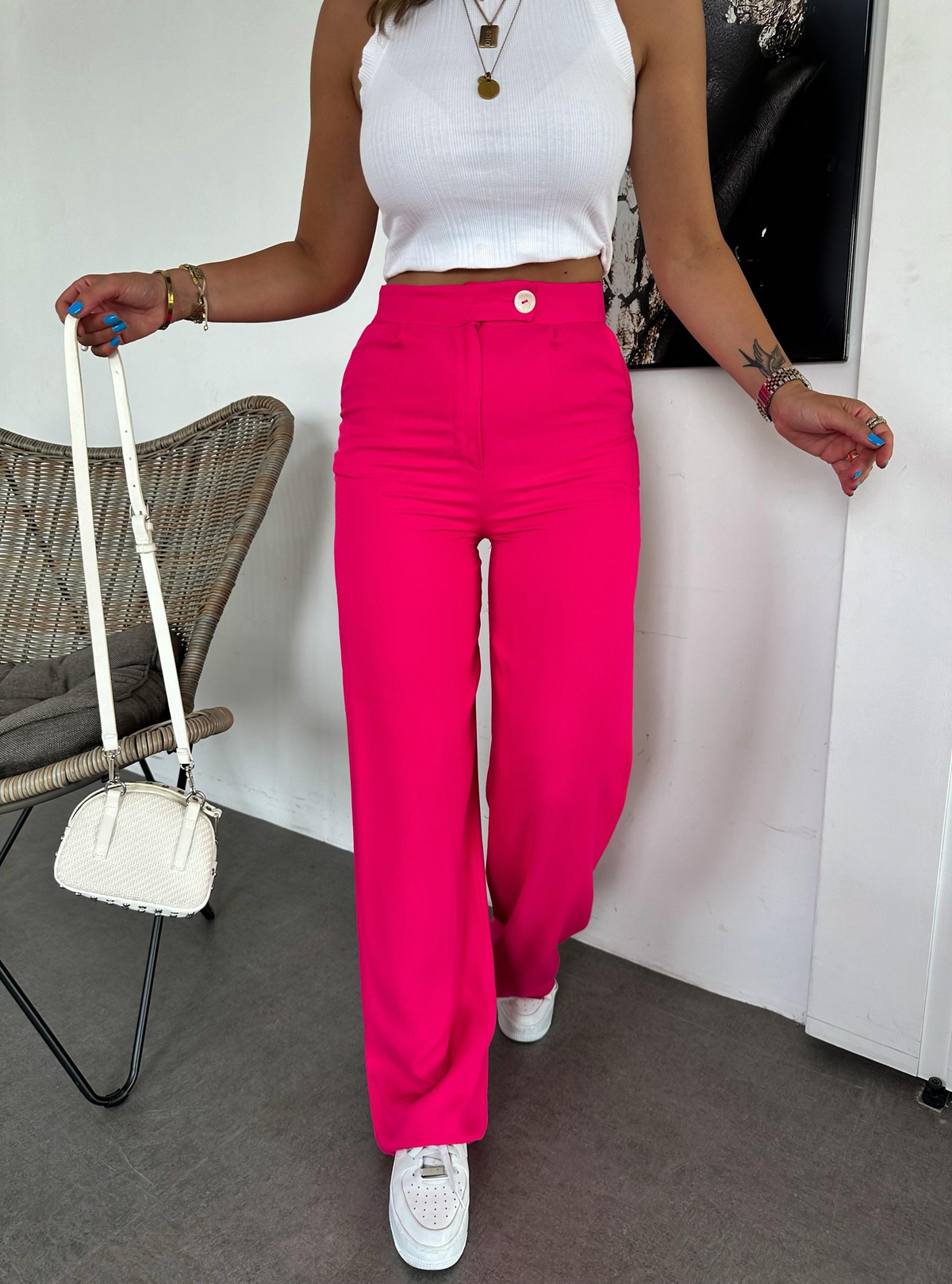 Pembe Tek Düğmeli Bol Pantolon