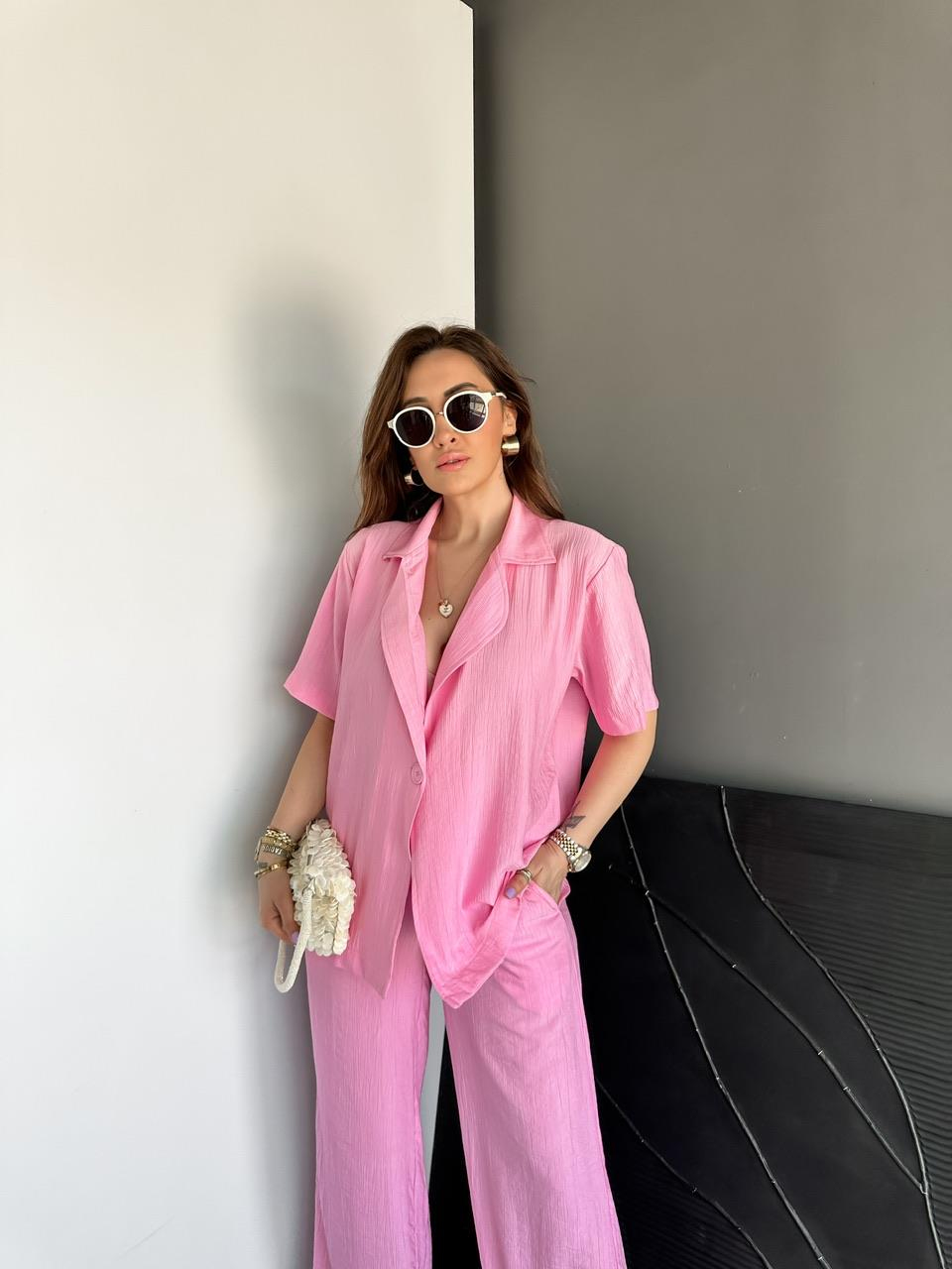 Pembe Tek Düğmeli Modal Ceketli Takım