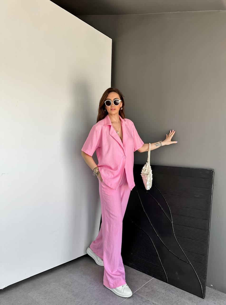 Pembe Tek Düğmeli Modal Ceketli Takım