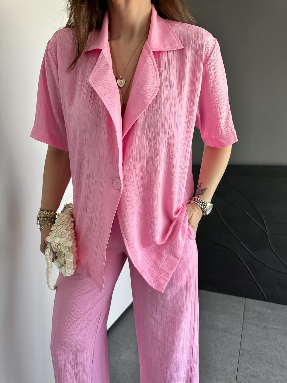 Pembe Tek Düğmeli Modal Ceketli Takım
