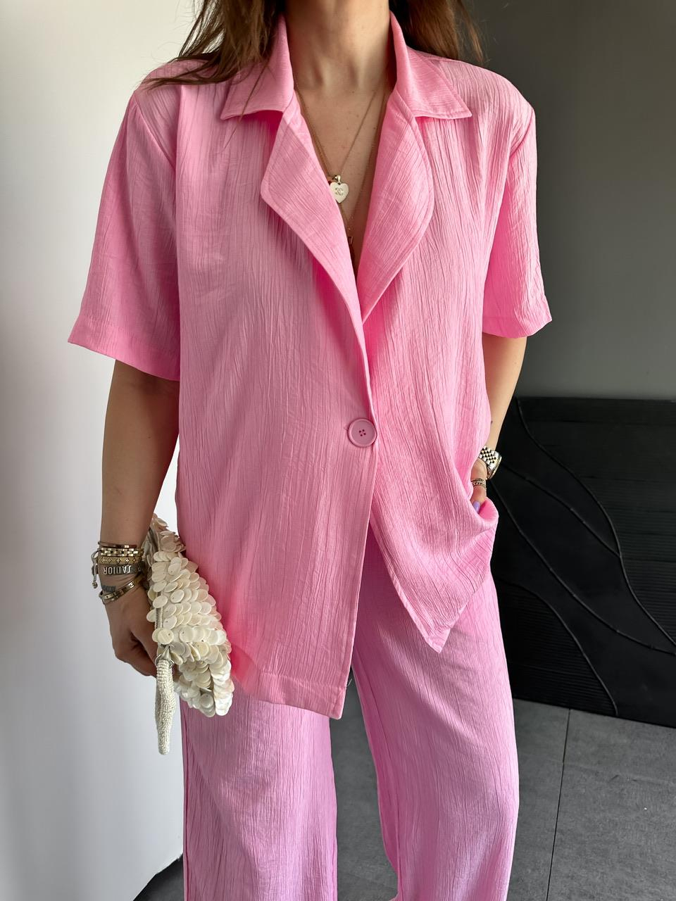 Pembe Tek Düğmeli Modal Ceketli Takım