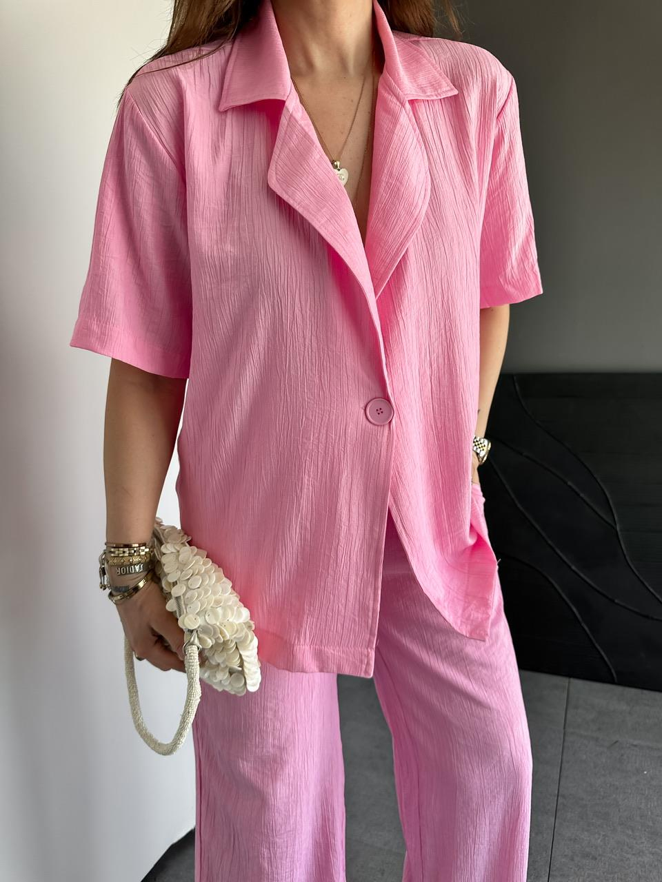 Pembe Tek Düğmeli Modal Ceketli Takım