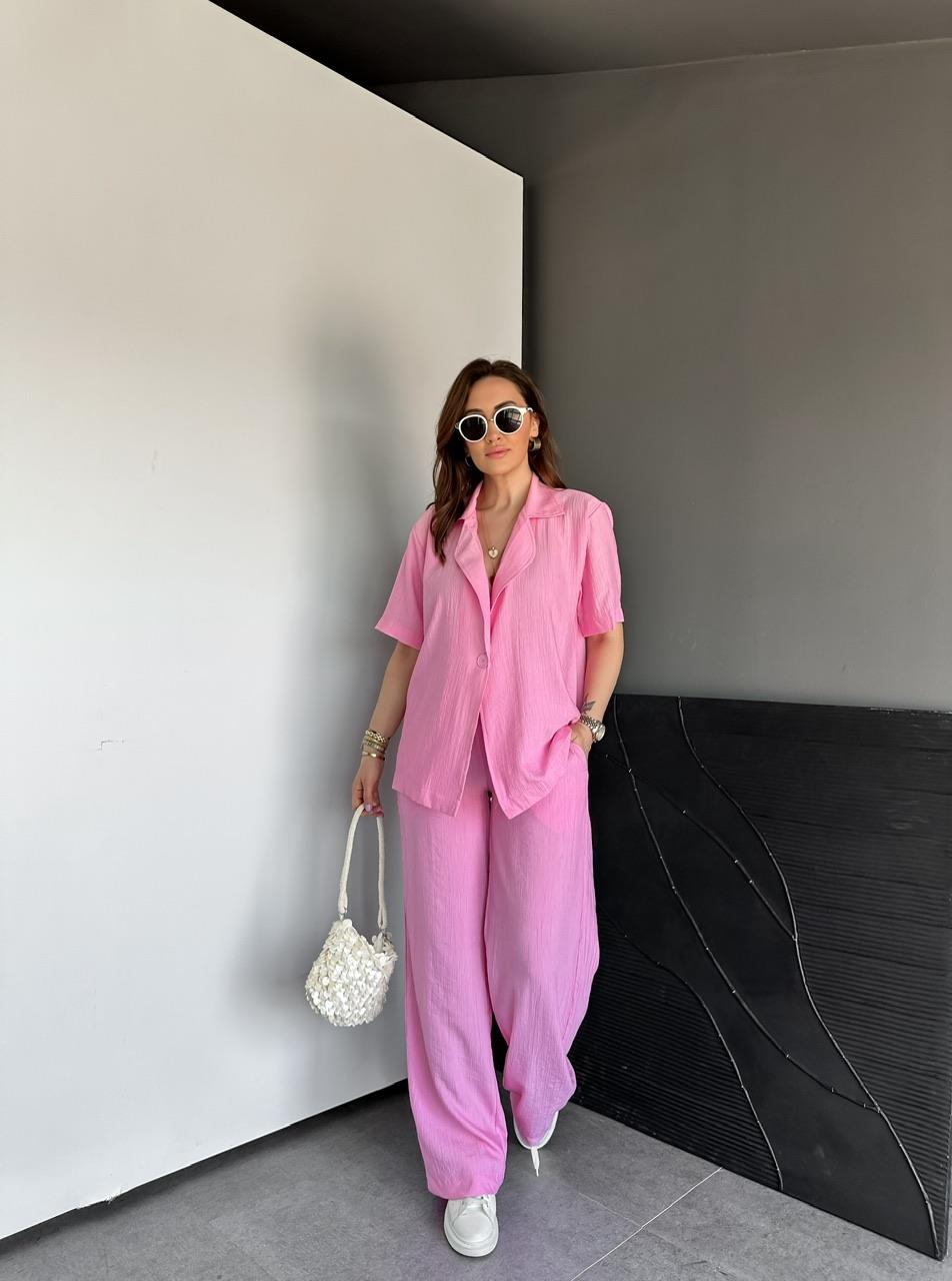 Pembe Tek Düğmeli Modal Ceketli Takım