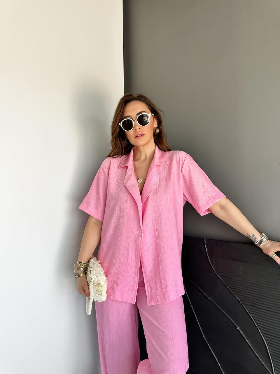 Pembe Tek Düğmeli Modal Ceketli Takım