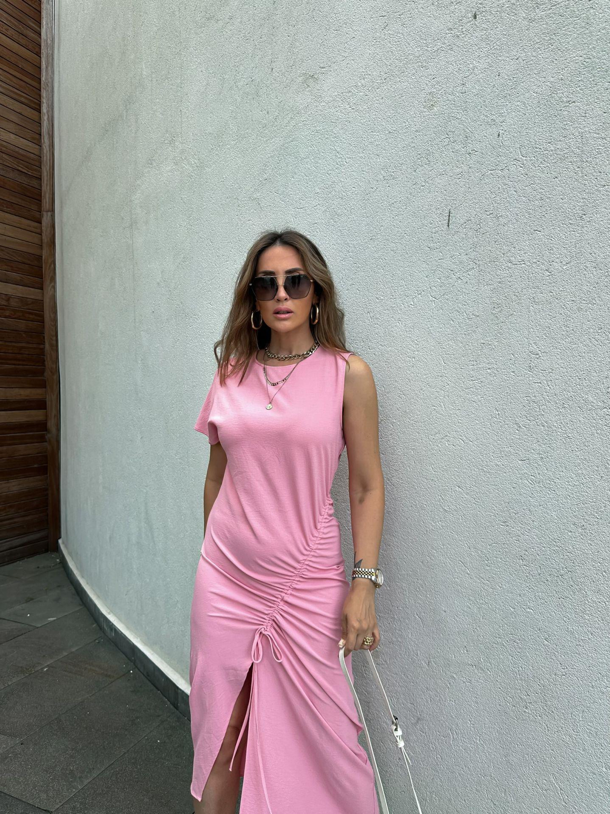Pembe Tek Omuz Büzgülü Elbise
