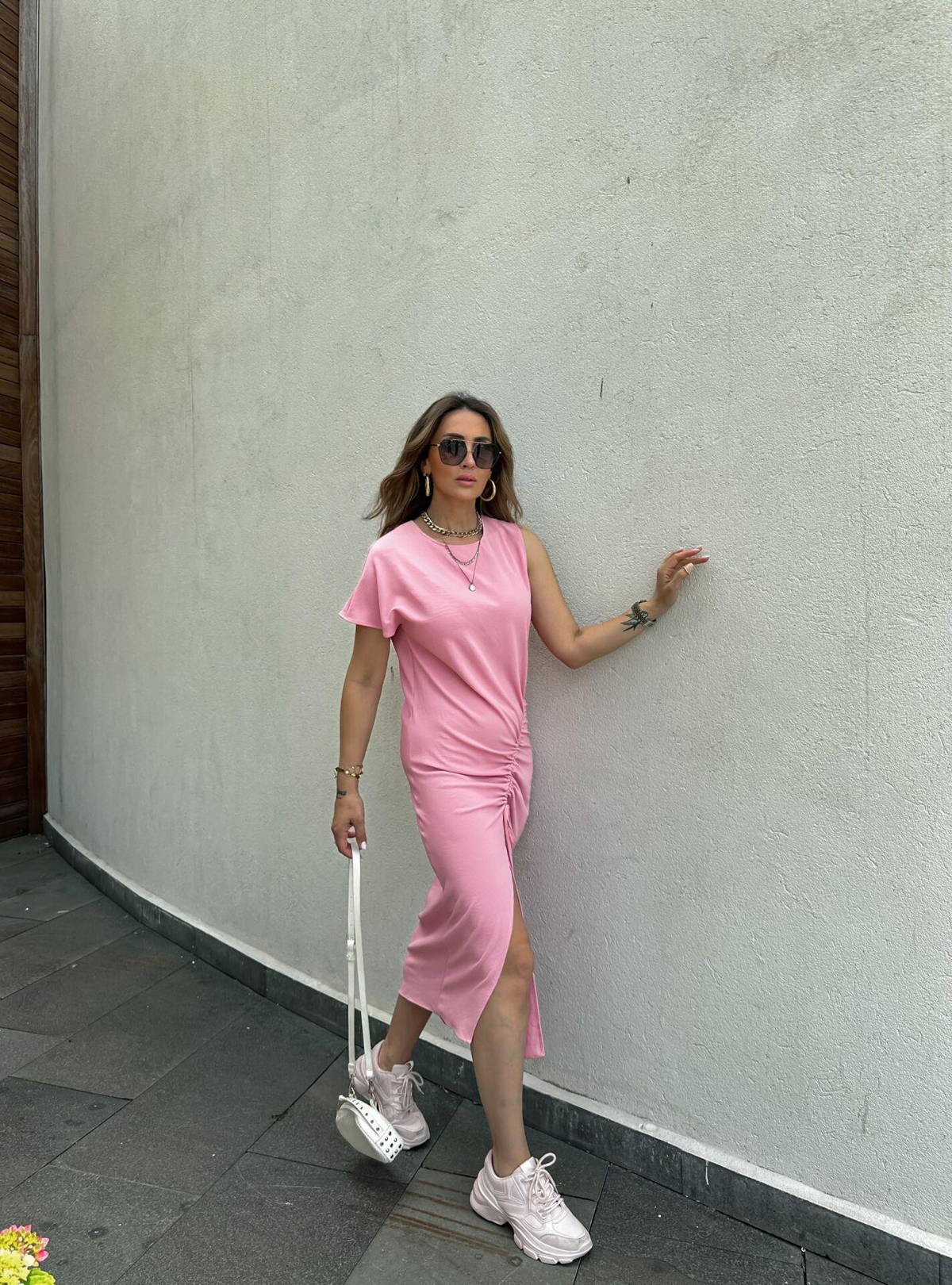 Pembe Tek Omuz Büzgülü Elbise