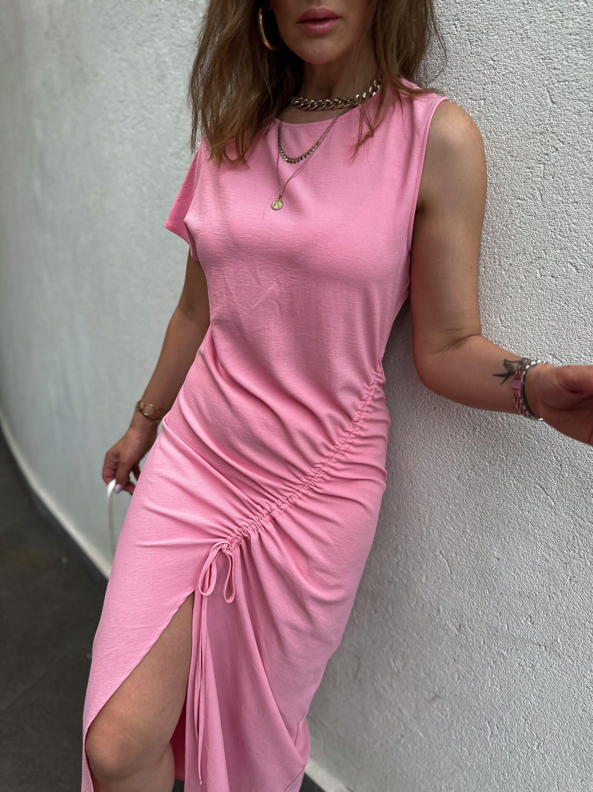 Pembe Tek Omuz Büzgülü Elbise