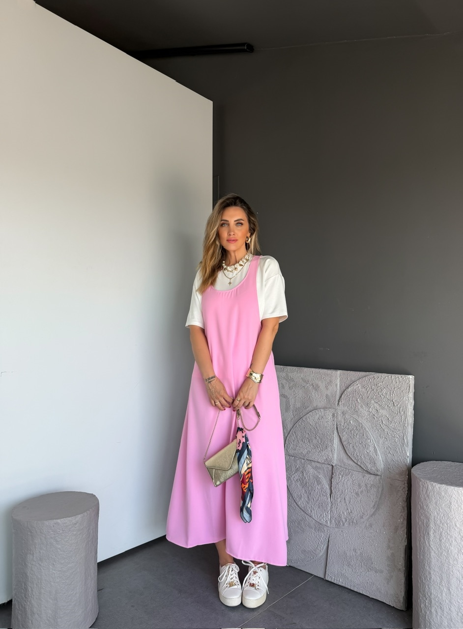 Pembe Tshirtlü Askılı Basic Elbise