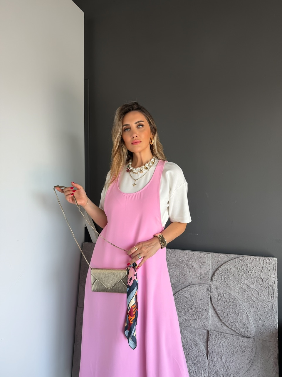 Pembe Tshirtlü Askılı Basic Elbise