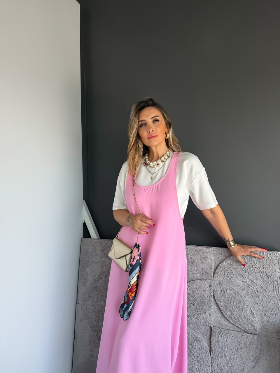 Pembe Tshirtlü Askılı Basic Elbise