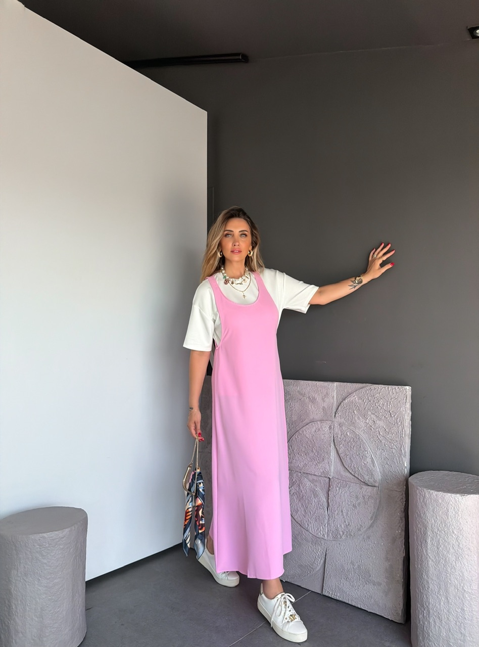 Pembe Tshirtlü Askılı Basic Elbise