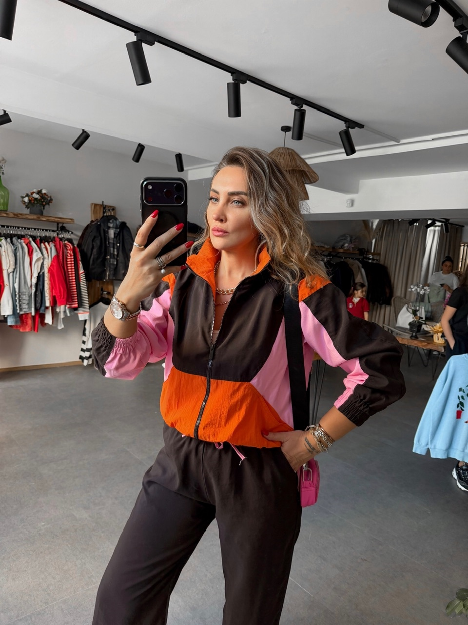 Pembe Turuncu Blok Renkli Eşofman Takım